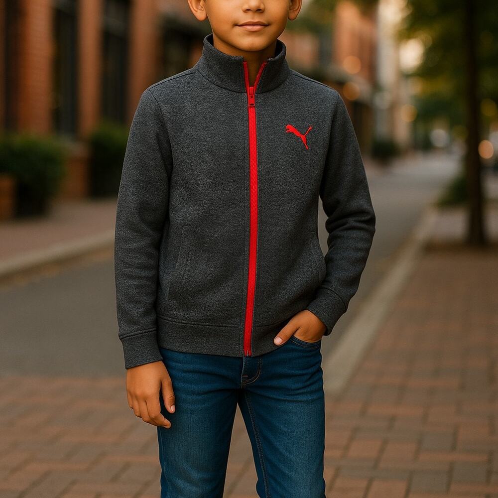 Puma Boys Fleece Jacket Sz M 8 10 Gray Red Full Front Zip Lightweight Layering